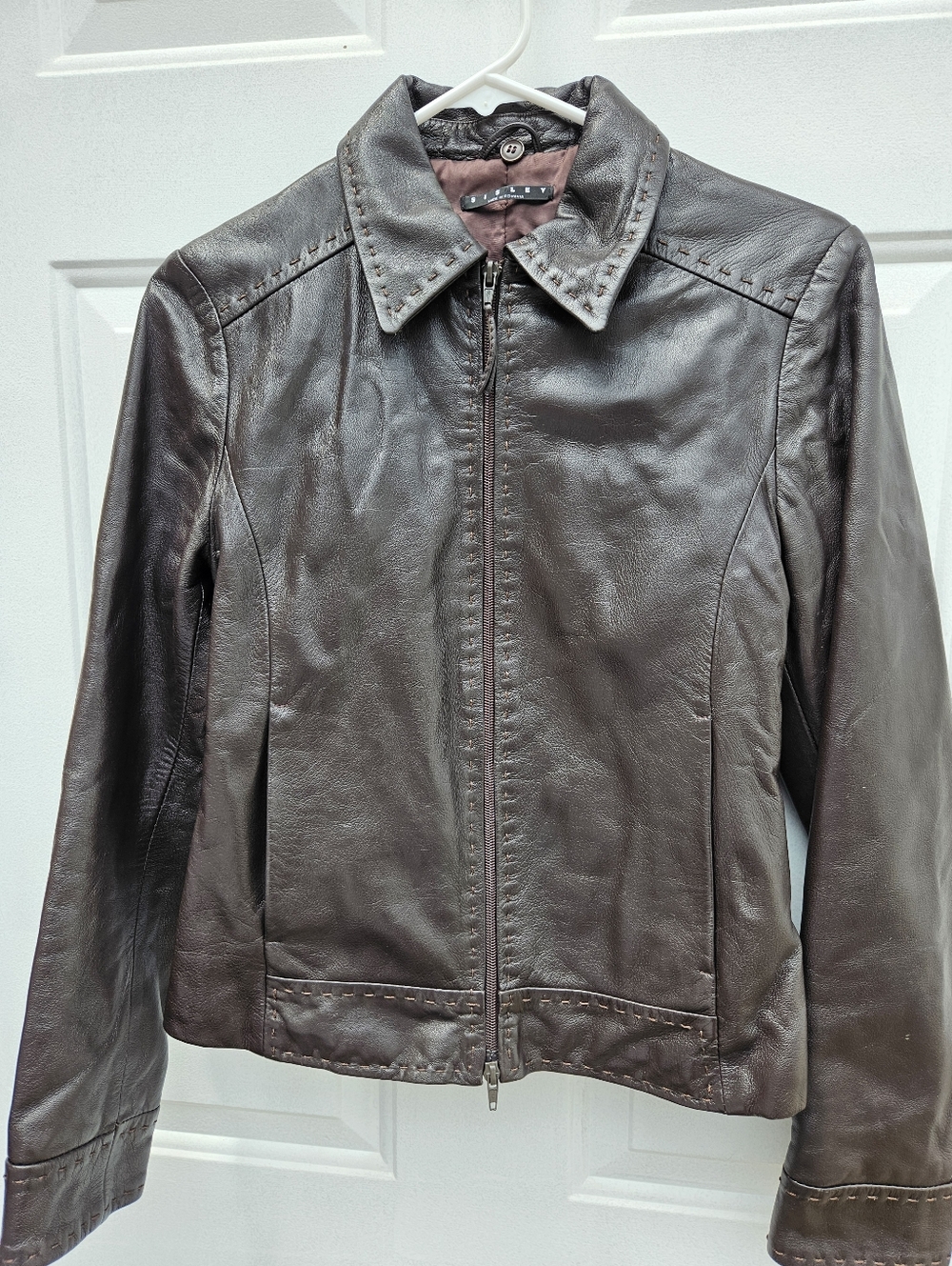 Sisley Made In Romania Womens Brown Leather Zip-Front Jacket Pockets Size 40